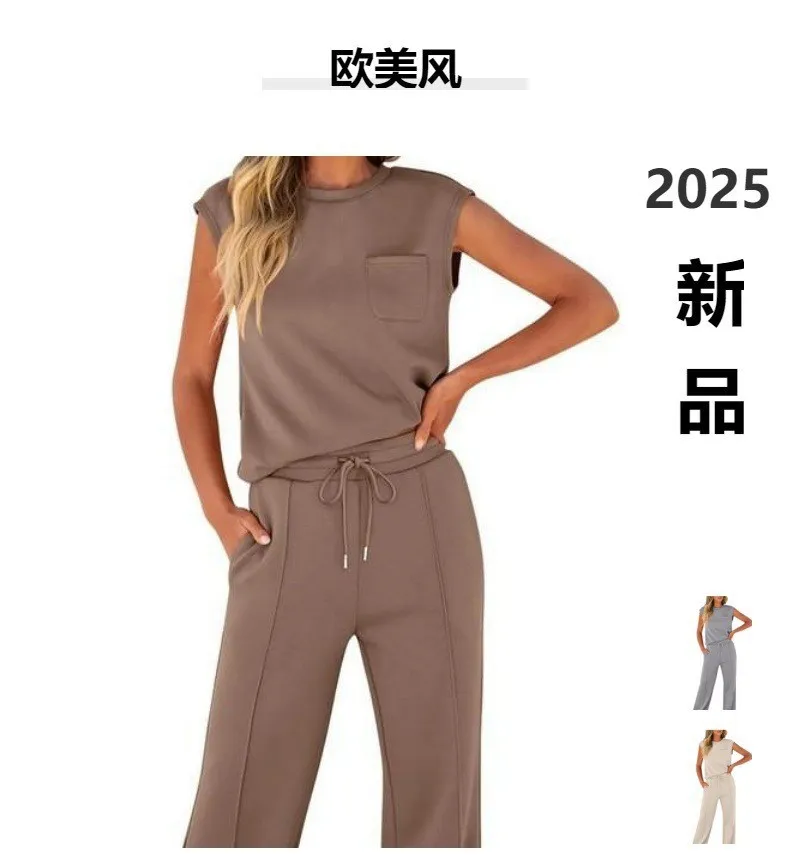 Women's Casual Two Piece Set Sleeveless Top High Waist Wide Leg Pants Solid Color Fashion Outfit showcase 2