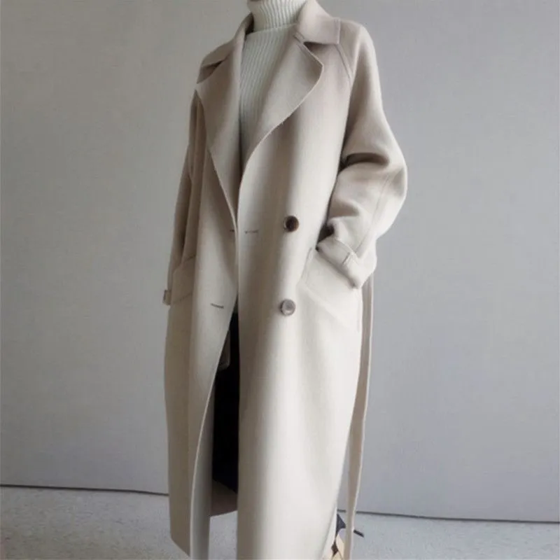 Women's Korean Style Long Wool Coat Autumn Winter Fashion Loose Over Knee Belted Woolen Coat thumbnail 1