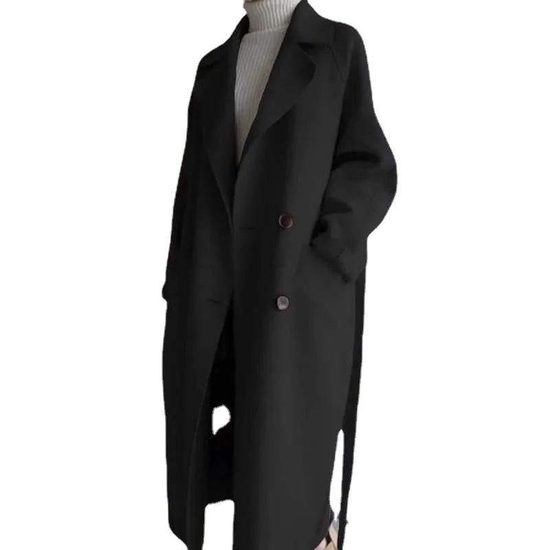 Women's Korean Style Long Wool Coat Autumn Winter Fashion Loose Over Knee Belted Woolen Coat thumbnail 5