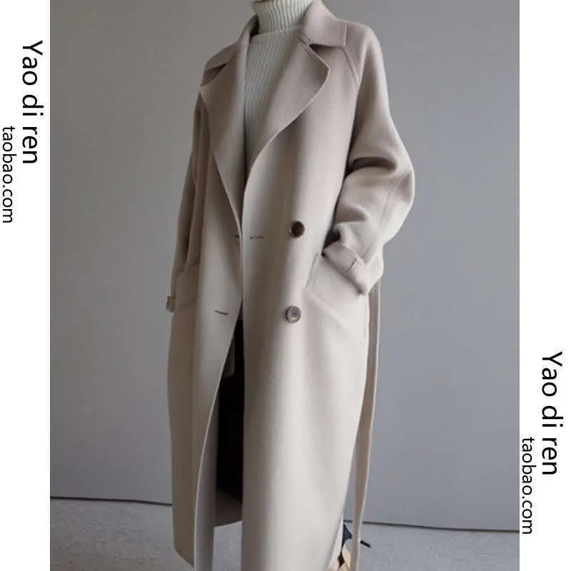 Women's Korean Style Long Wool Coat Autumn Winter Fashion Loose Over Knee Belted Woolen Coat showcase 2
