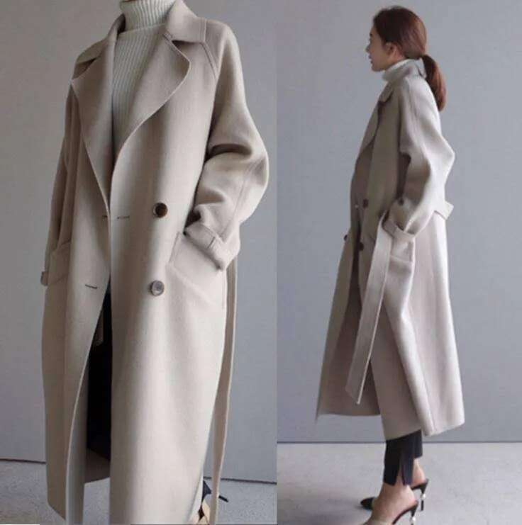 Women's Korean Style Long Wool Coat Autumn Winter Fashion Loose Over Knee Belted Woolen Coat showcase 9