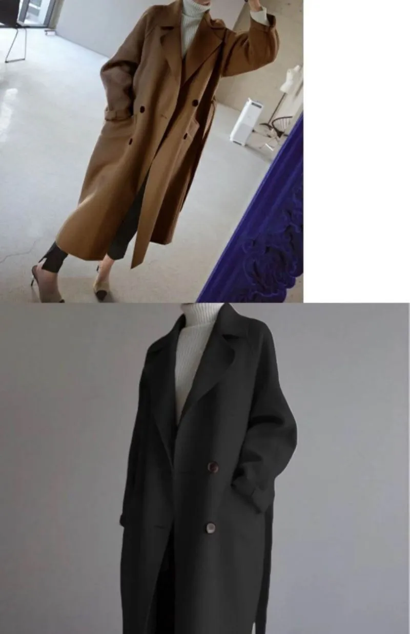 Women's Korean Style Long Wool Coat Autumn Winter Fashion Loose Over Knee Belted Woolen Coat showcase 5