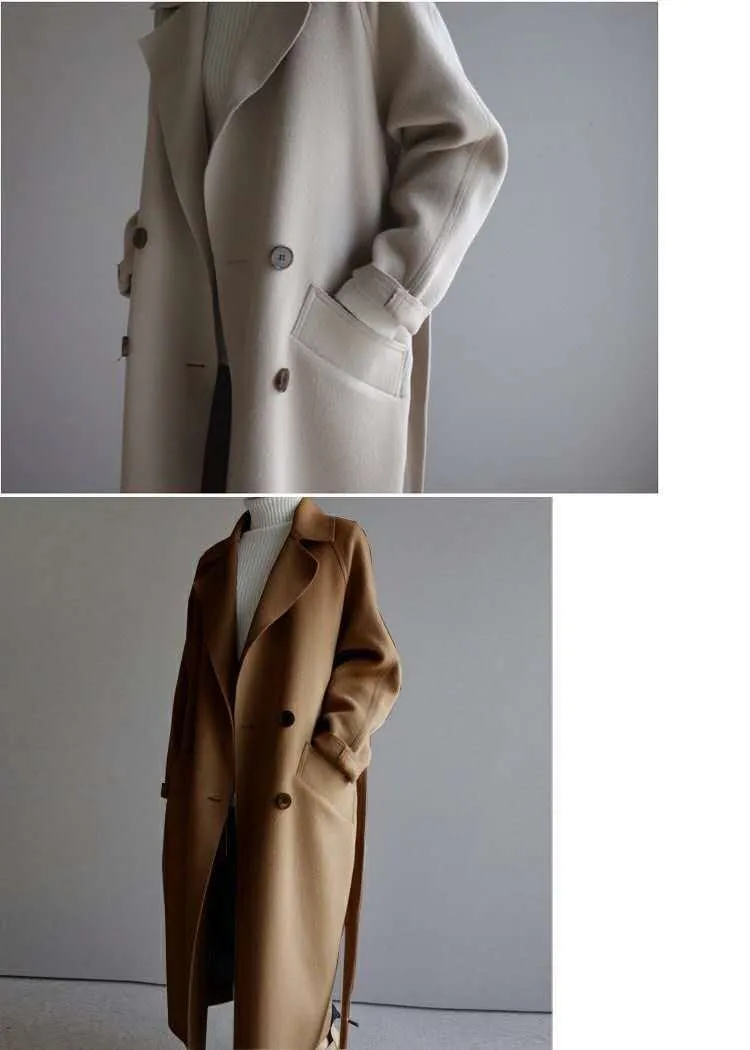 Women's Korean Style Long Wool Coat Autumn Winter Fashion Loose Over Knee Belted Woolen Coat showcase 6