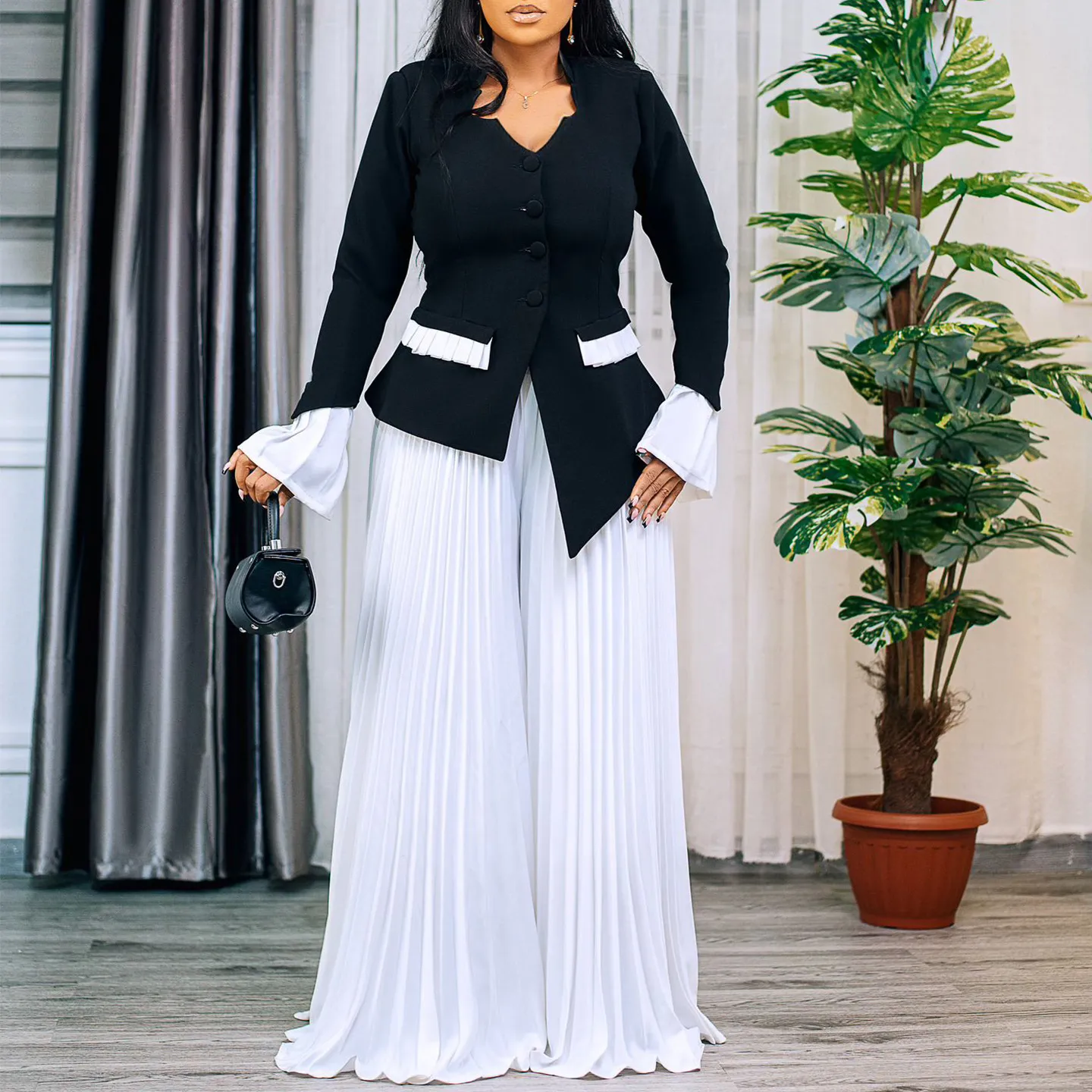 Women's Bell Sleeve Top and Pleated Wide Leg Pants Two Piece Set African Fashion Spring Outfit thumbnail 4