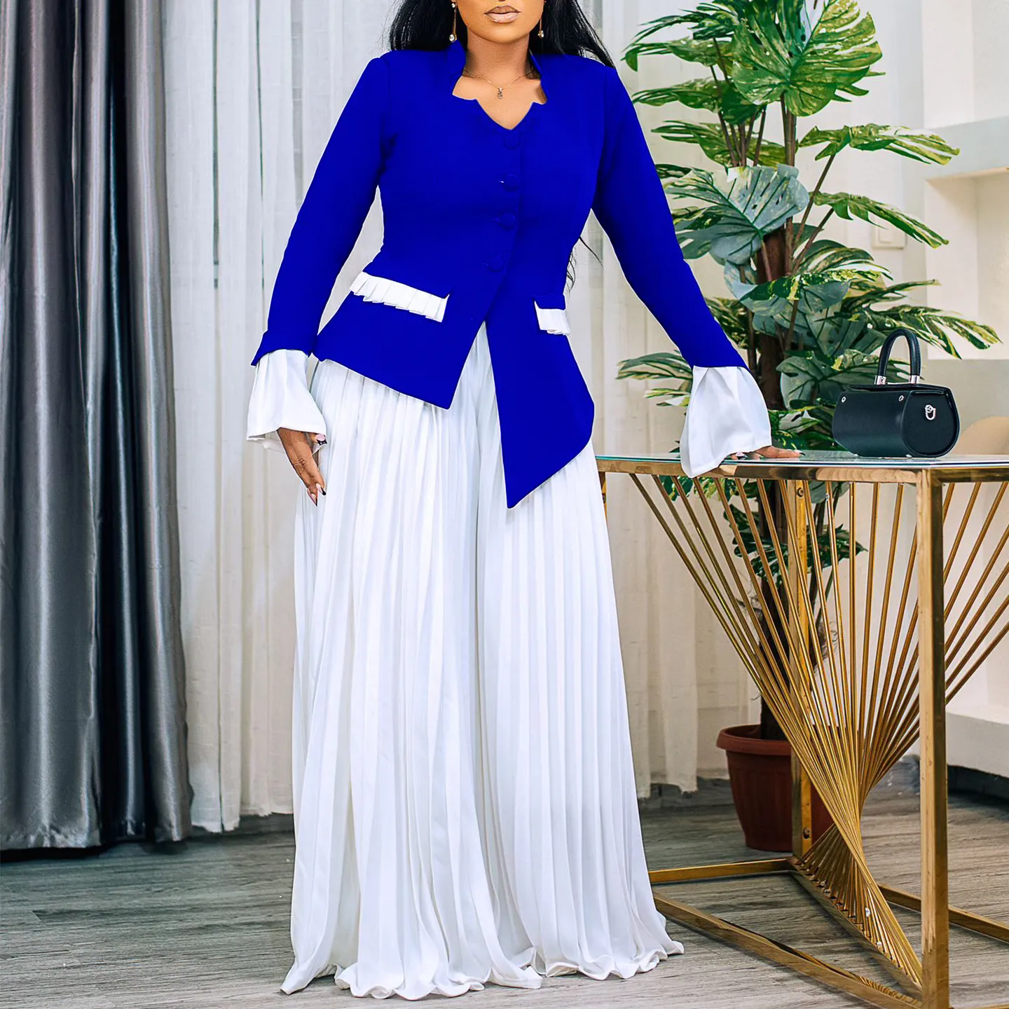 Women's Bell Sleeve Top and Pleated Wide Leg Pants Two Piece Set African Fashion Spring Outfit thumbnail 3