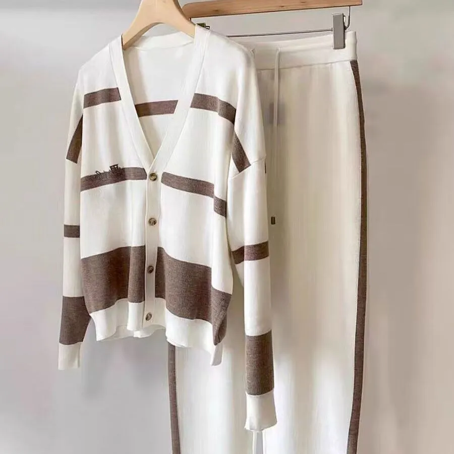 European Autumn and Winter New Casual Loose Stylish Striped Knit Cardigan Top Slimming Wide-Leg Pants Two-Piece Set thumbnail 4