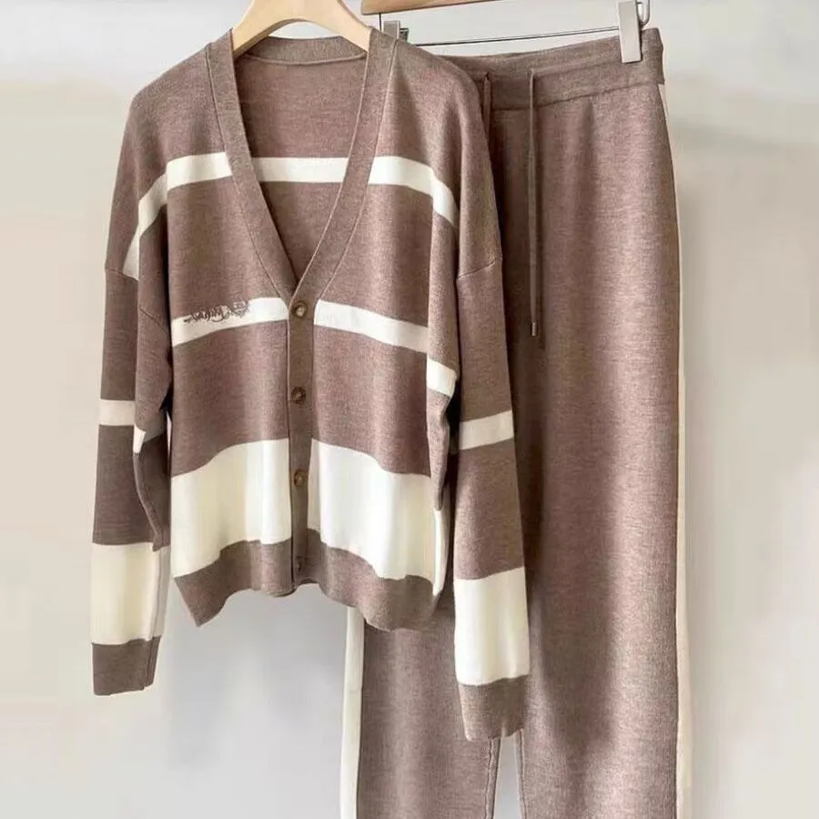 European Autumn and Winter New Casual Loose Stylish Striped Knit Cardigan Top Slimming Wide-Leg Pants Two-Piece Set thumbnail 6