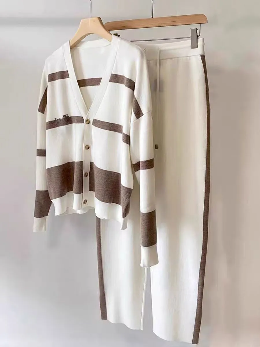 European Autumn and Winter New Casual Loose Stylish Striped Knit Cardigan Top Slimming Wide-Leg Pants Two-Piece Set showcase 4