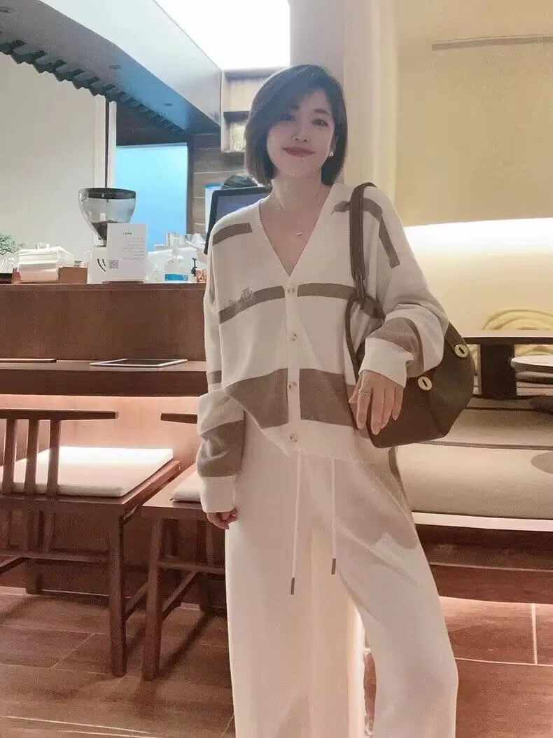 European Autumn and Winter New Casual Loose Stylish Striped Knit Cardigan Top Slimming Wide-Leg Pants Two-Piece Set showcase 2
