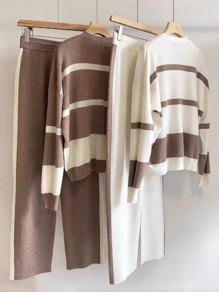 European Autumn and Winter New Casual Loose Stylish Striped Knit Cardigan Top Slimming Wide-Leg Pants Two-Piece Set thumbnail 3
