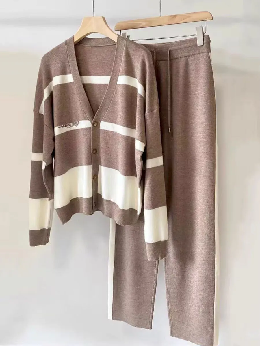 European Autumn and Winter New Casual Loose Stylish Striped Knit Cardigan Top Slimming Wide-Leg Pants Two-Piece Set showcase 5
