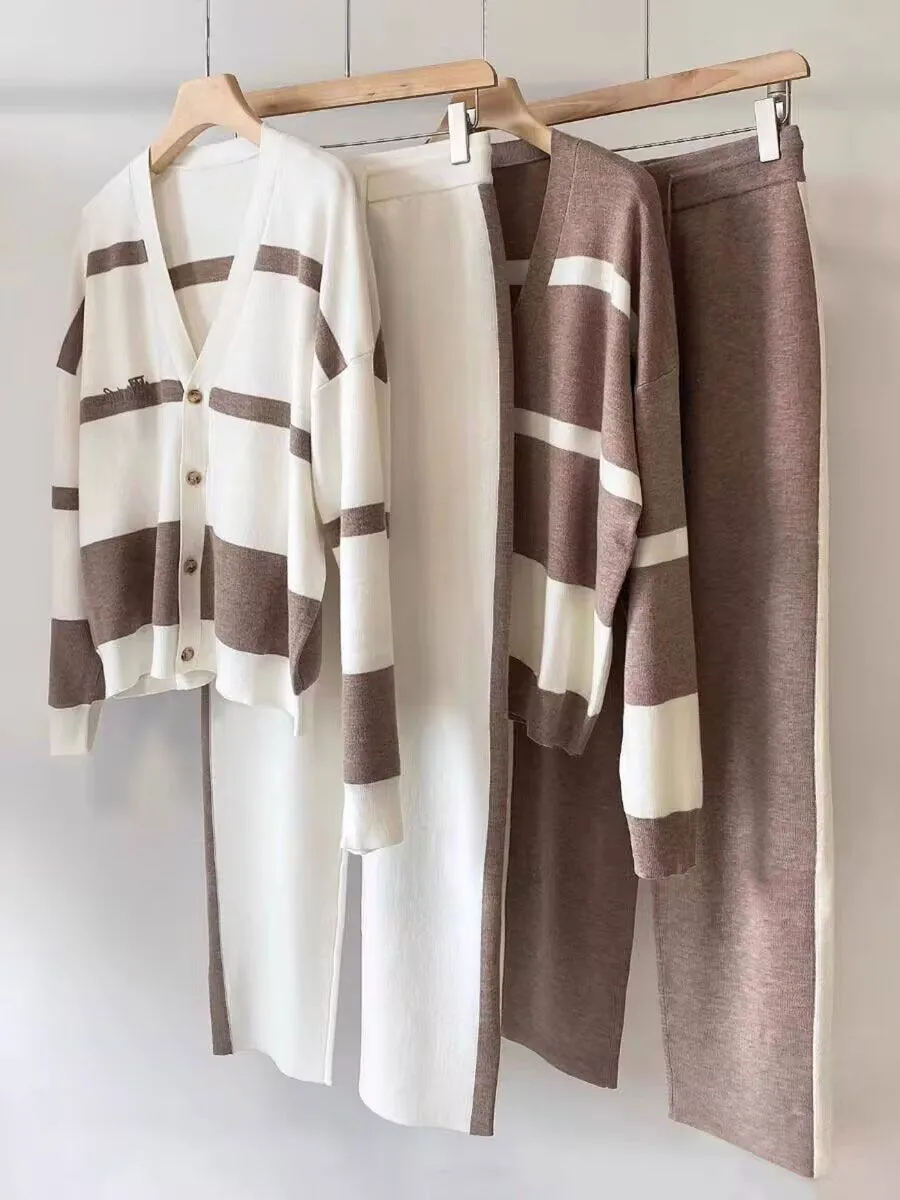 European Autumn and Winter New Casual Loose Stylish Striped Knit Cardigan Top Slimming Wide-Leg Pants Two-Piece Set thumbnail 1