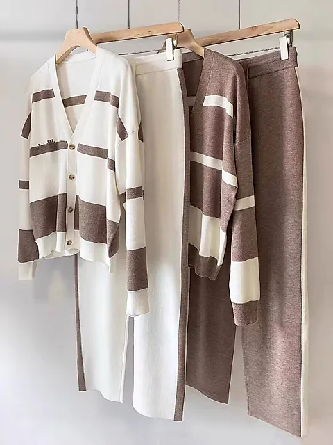 European Autumn and Winter New Casual Loose Stylish Striped Knit Cardigan Top Slimming Wide-Leg Pants Two-Piece Set