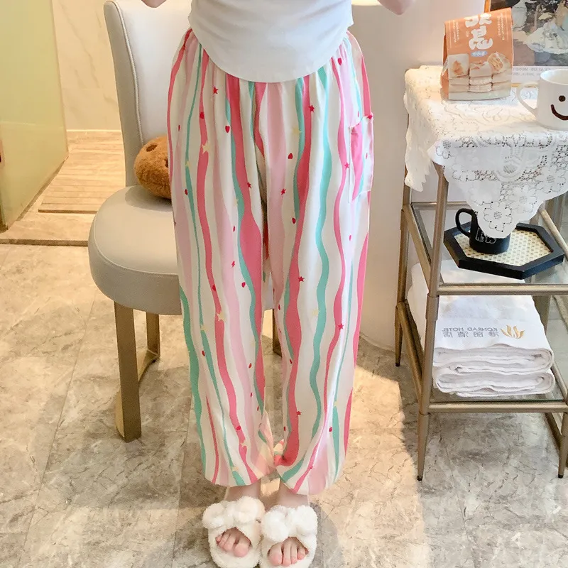 New Cotton Silk Pajama Pants Women's Dopamine Cute Summer Anti-mosquito Pants Outer Wearing Cotton Silk Casual Pants Walking Pants thumbnail 1