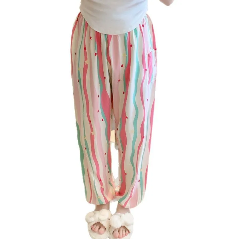 New Cotton Silk Pajama Pants Women's Dopamine Cute Summer Anti-mosquito Pants Outer Wearing Cotton Silk Casual Pants Walking Pants thumbnail 5
