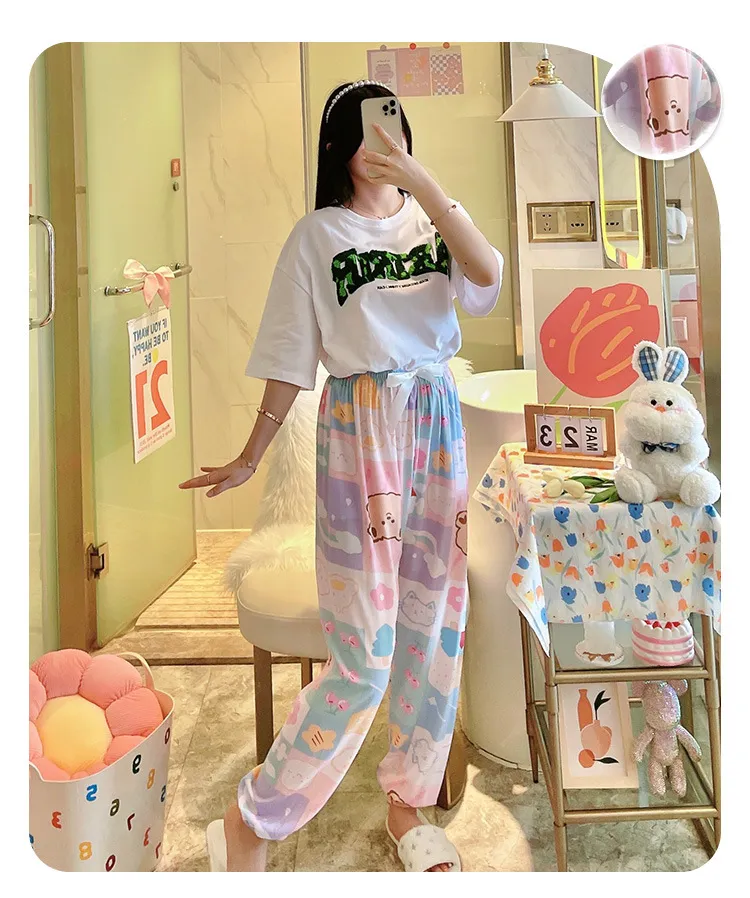 New Cotton Silk Pajama Pants Women's Dopamine Cute Summer Anti-mosquito Pants Outer Wearing Cotton Silk Casual Pants Walking Pants showcase 8