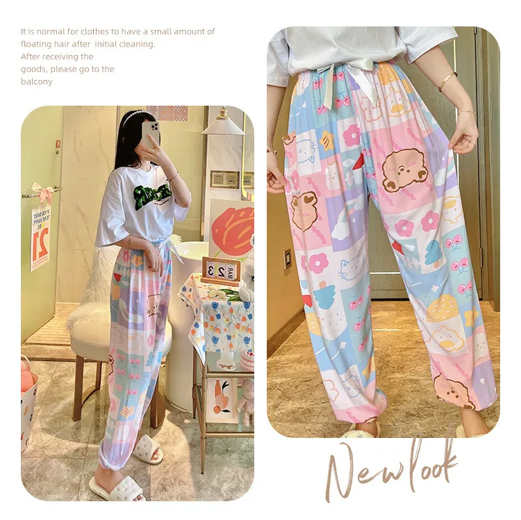 New Cotton Silk Pajama Pants Women's Dopamine Cute Summer Anti-mosquito Pants Outer Wearing Cotton Silk Casual Pants Walking Pants showcase 9