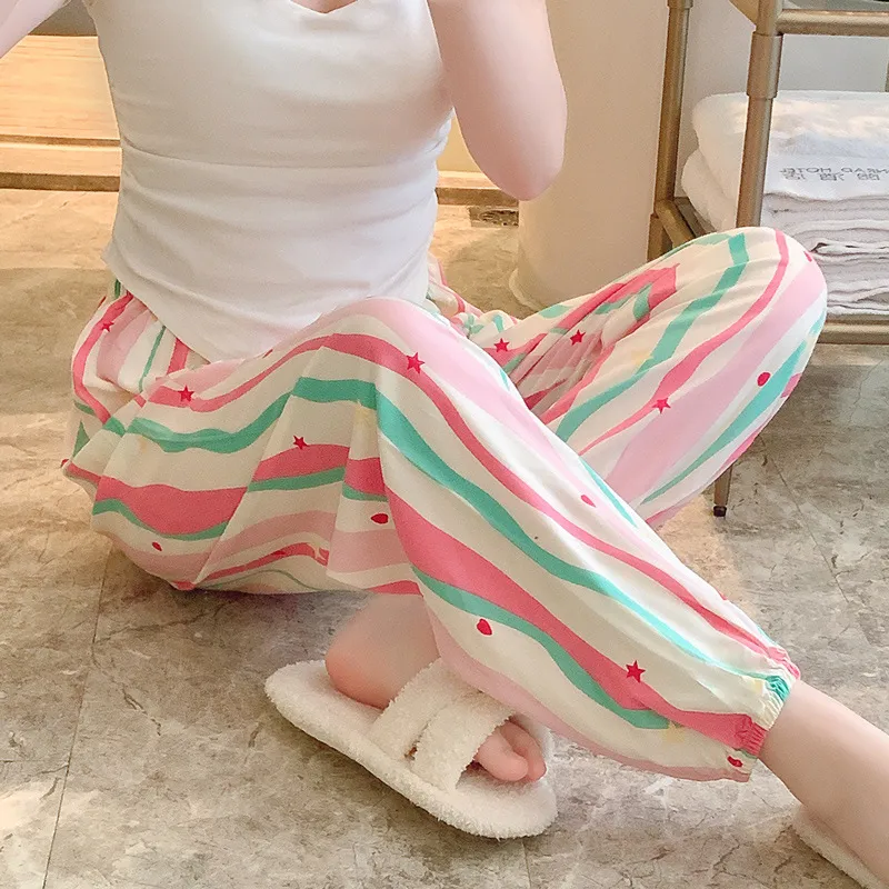 New Cotton Silk Pajama Pants Women's Dopamine Cute Summer Anti-mosquito Pants Outer Wearing Cotton Silk Casual Pants Walking Pants thumbnail 3