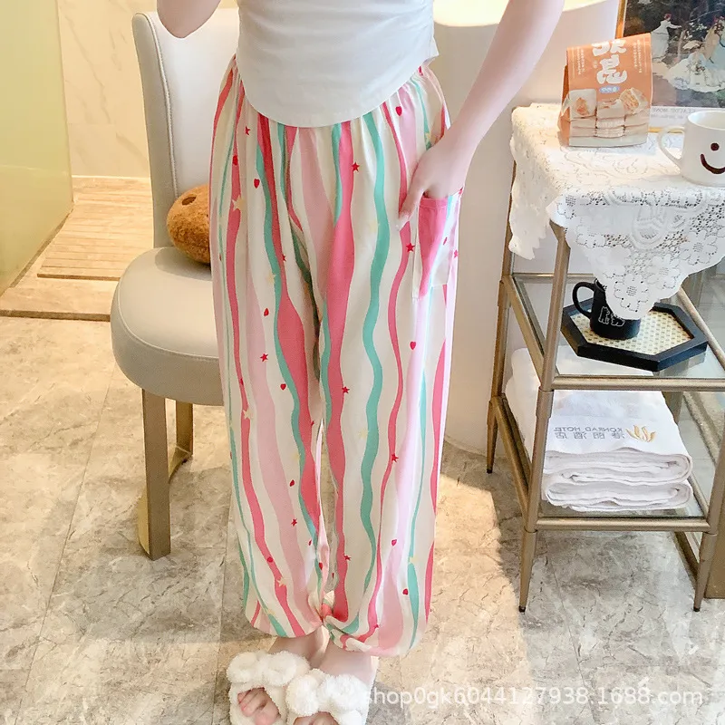 New Cotton Silk Pajama Pants Women's Dopamine Cute Summer Anti-mosquito Pants Outer Wearing Cotton Silk Casual Pants Walking Pants thumbnail 9