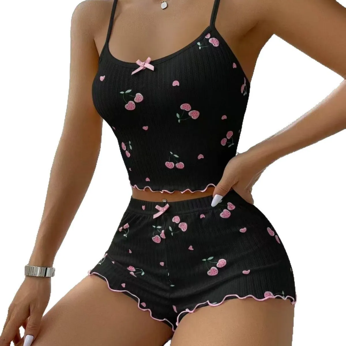 Women's Sweet Cherry Print Pajama Set with Bowknot Straps: A Comfortable and Adorable Sleepwear Set for Relaxing at Home showcase 3