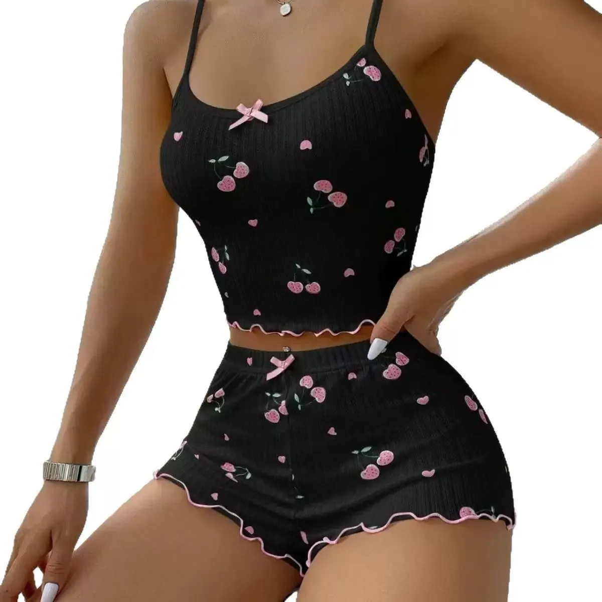 Women's Sweet Cherry Print Pajama Set with Bowknot Straps: A Comfortable and Adorable Sleepwear Set for Relaxing at Home showcase 5