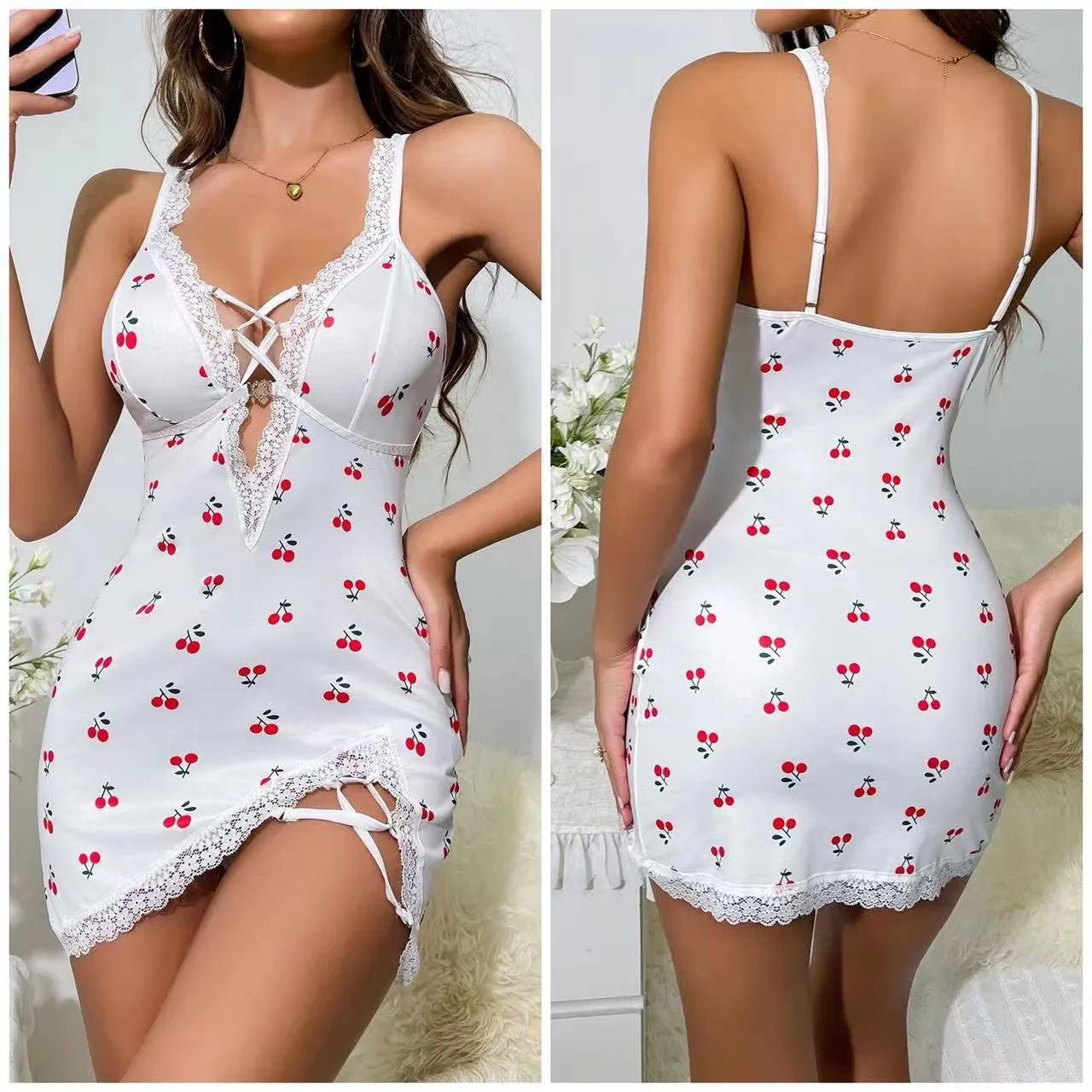 Women's Sexy Pajama Set - Summer Nightgown, Spaghetti Strap Sleepwear, Mid-Length Skirt, Temptation Lingerie, Comfortable Home Wear for Ladies thumbnail 1