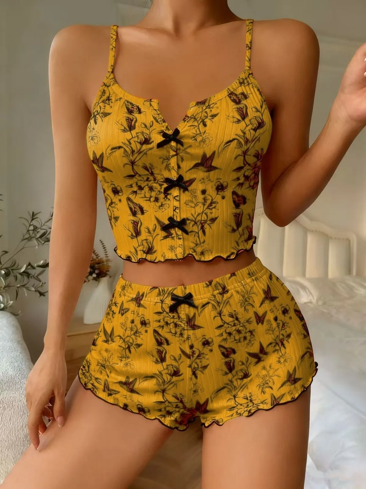 Women's Heart-Shaped Print Pajama Set - Contrast Color, Front Slit Suspender Sleepwear - Soft, Comfortable Nightwear for Home showcase 1
