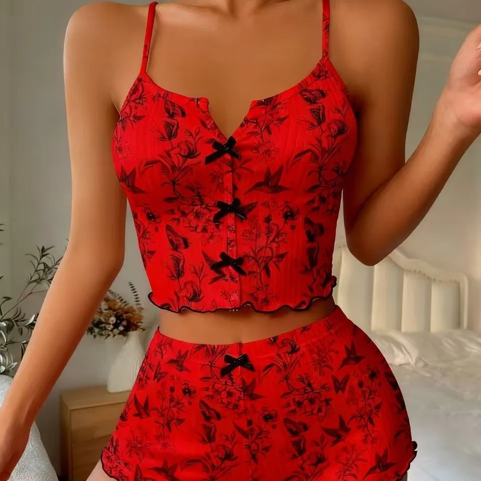 Women's Heart-Shaped Print Pajama Set - Contrast Color, Front Slit Suspender Sleepwear - Soft, Comfortable Nightwear for Home thumbnail 5