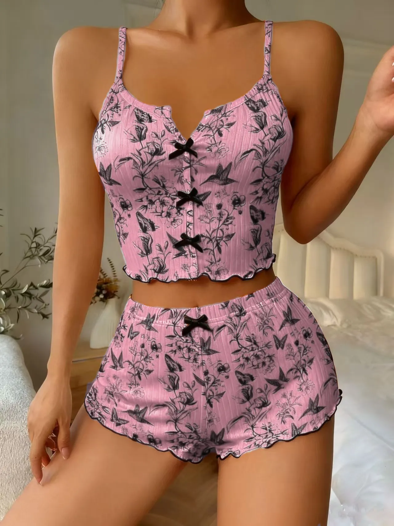 Women's Heart-Shaped Print Pajama Set - Contrast Color, Front Slit Suspender Sleepwear - Soft, Comfortable Nightwear for Home thumbnail 9