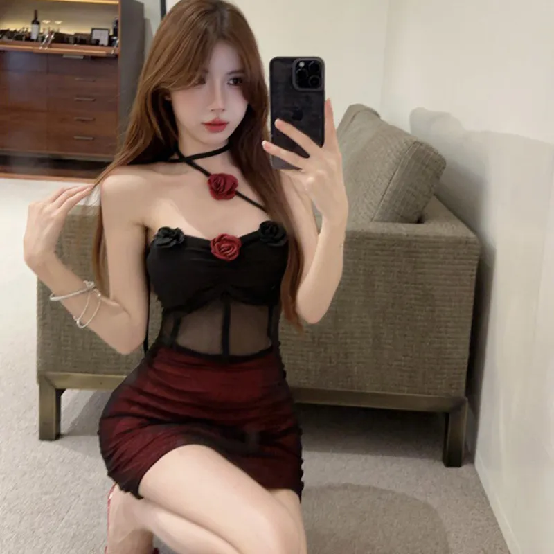 Women's Sexy Lingerie Mesh Bodycon Dress Set - Floral Patchwork, Pure Desire Style, Contrast Color - Nightwear, Loungewear, Sleepwear thumbnail 3