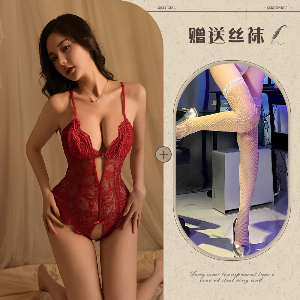 Burgundy - No Pad + White Fishnet Stockings