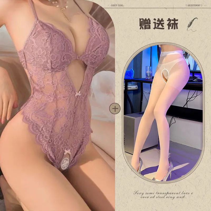 Women's Sexy Lace Lingerie Jumpsuit - Temptation Nightwear, See-Through Pajamas, Open Crotch Bodysuit, Free Uniform, Hot Erotic Sleepwear for Women thumbnail 7