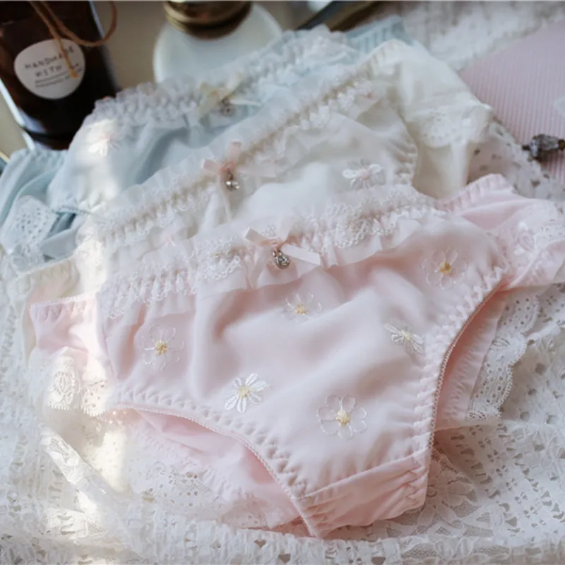 Women's Sexy Embroidered Floral Panties - Mid-Waist Silk Briefs Plus Size Lingerie - Cute Japanese Style Underwear for Ladies thumbnail 3