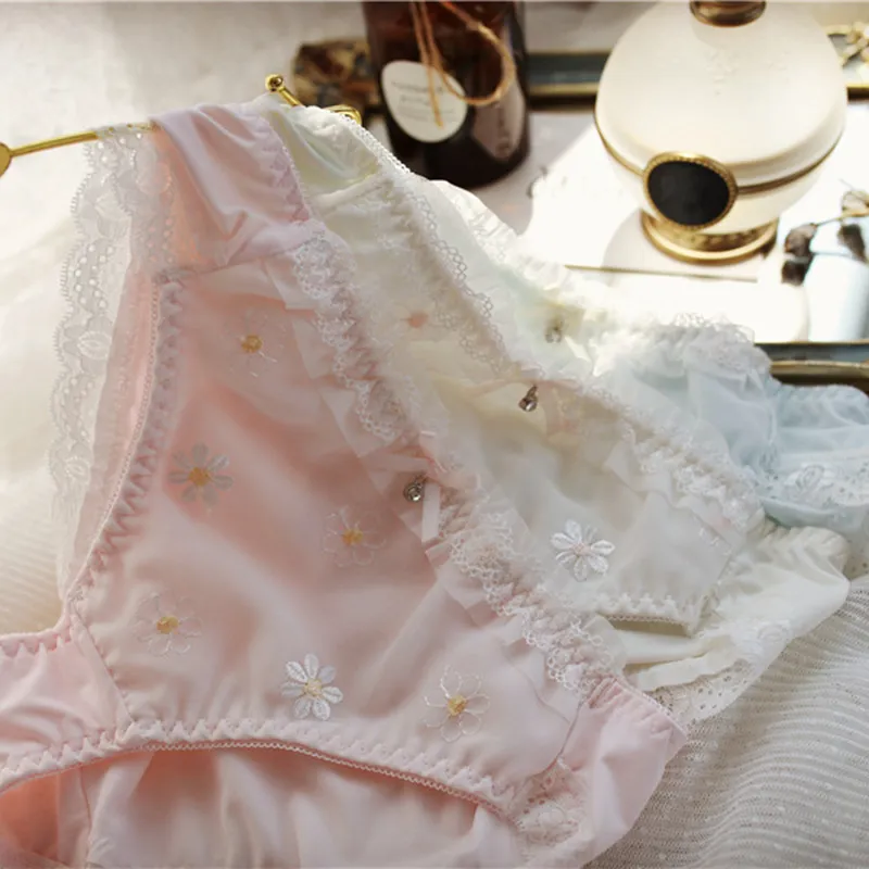 Women's Sexy Embroidered Floral Panties - Mid-Waist Silk Briefs Plus Size Lingerie - Cute Japanese Style Underwear for Ladies thumbnail 2