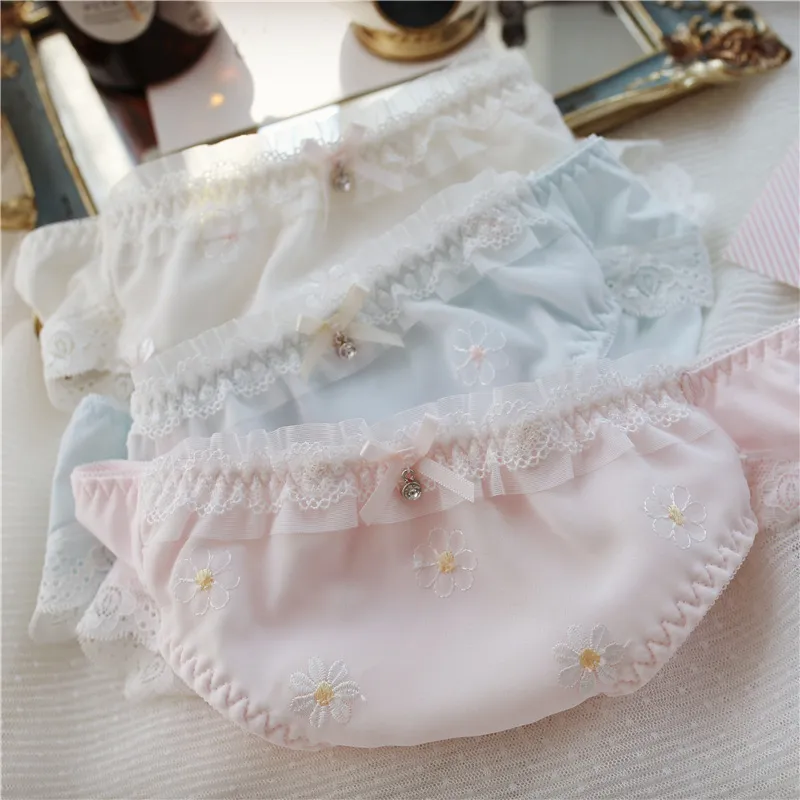 Women's Sexy Embroidered Floral Panties - Mid-Waist Silk Briefs Plus Size Lingerie - Cute Japanese Style Underwear for Ladies thumbnail 4