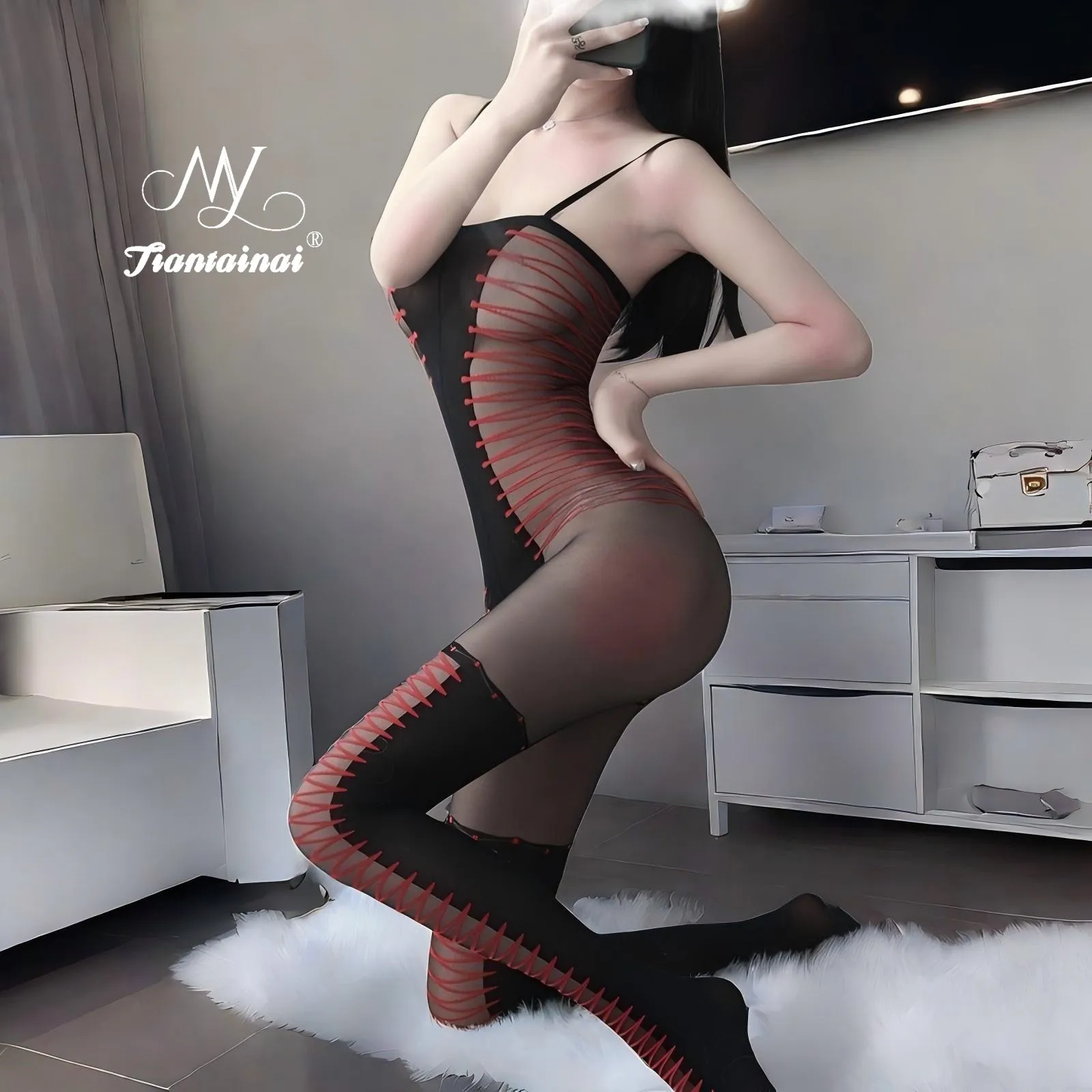 Women's Sexy Lingerie Stockings Jumpsuit - Temptation Transparent Flirtatious Sex Suit - Passion Perspective Uniform for Women thumbnail 2
