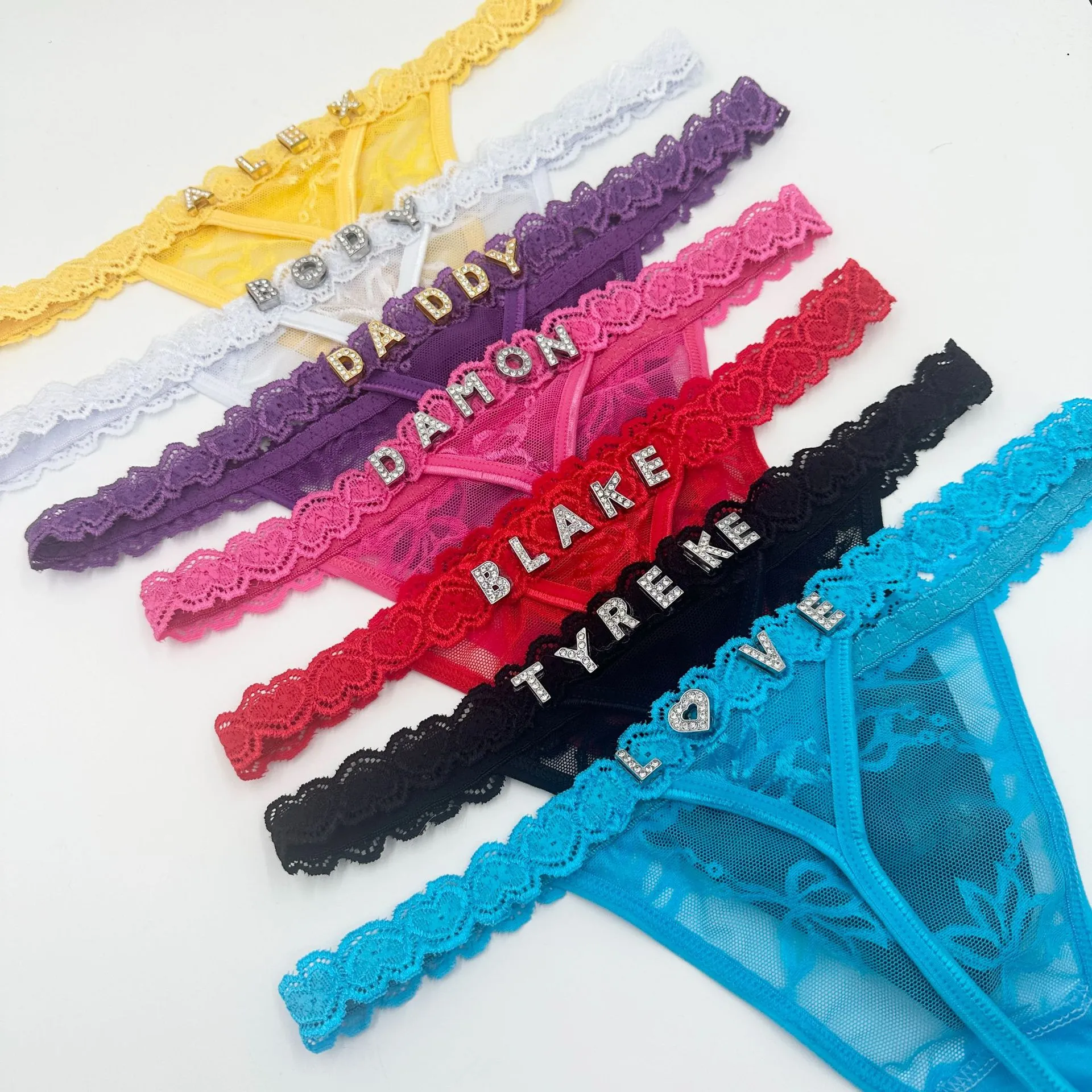 Women's Sexy Lace Thong Panties with Rhinestone Lettering - DIY Customization Available - Fashionable Underwear for Women thumbnail 1