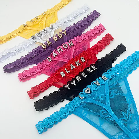 Women's Sexy Lace Thong Panties with Rhinestone Lettering - DIY Customization Available - Fashionable Underwear for Women