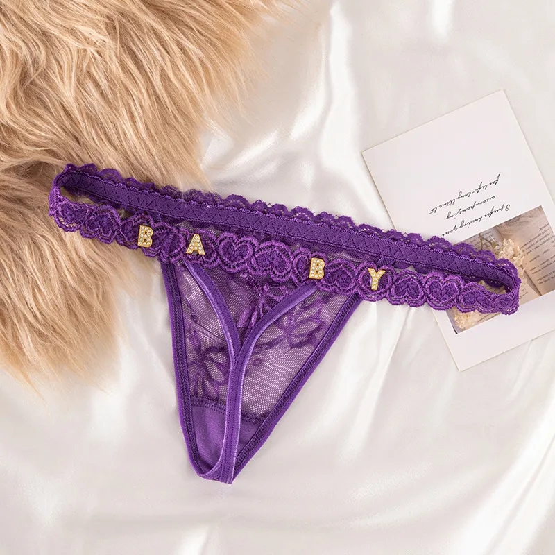 Women's Sexy Lace Thong Panties with Rhinestone Lettering - DIY Customization Available - Fashionable Underwear for Women thumbnail 8