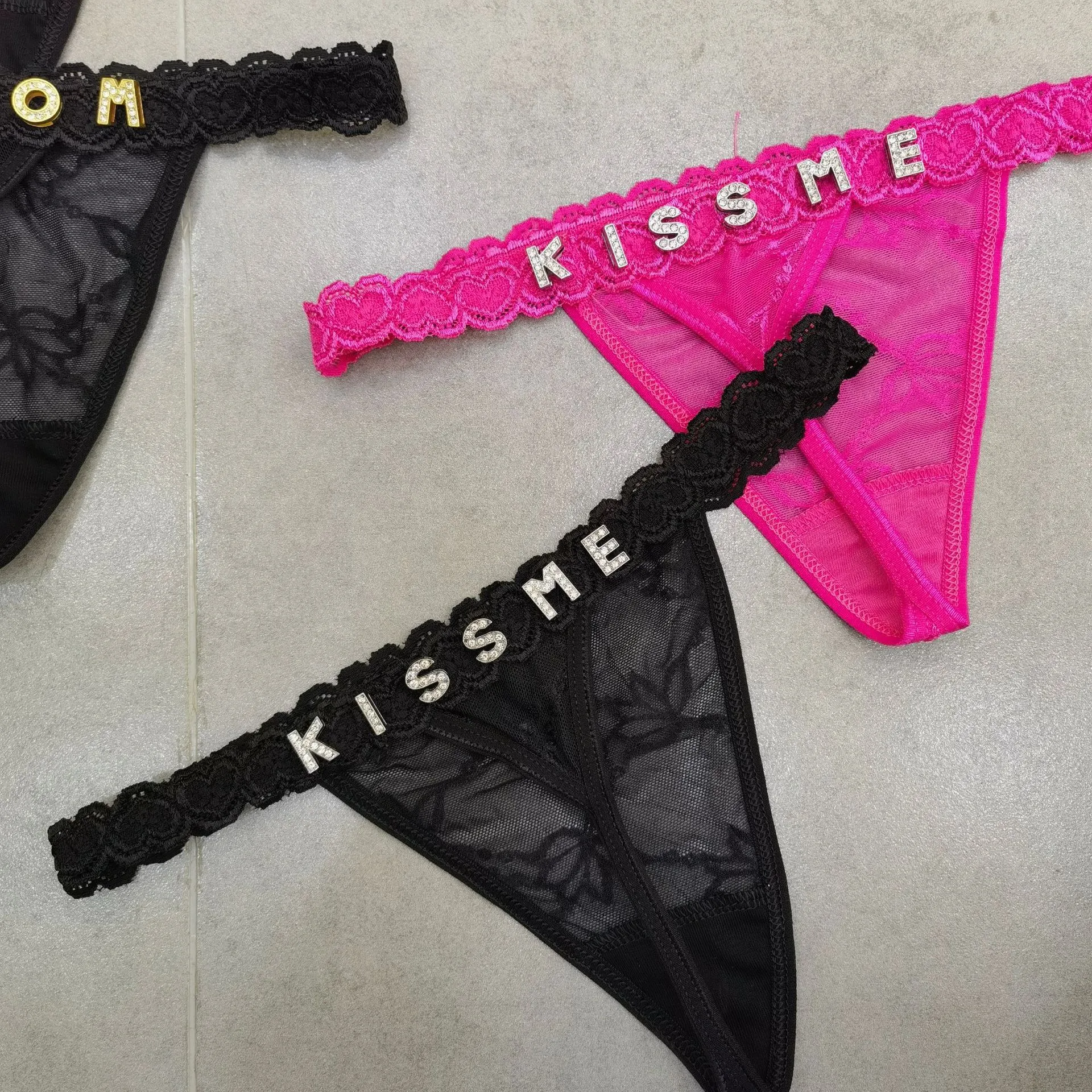 Women's Sexy Lace Thong Panties with Rhinestone Lettering - DIY Customization Available - Fashionable Underwear for Women thumbnail 4
