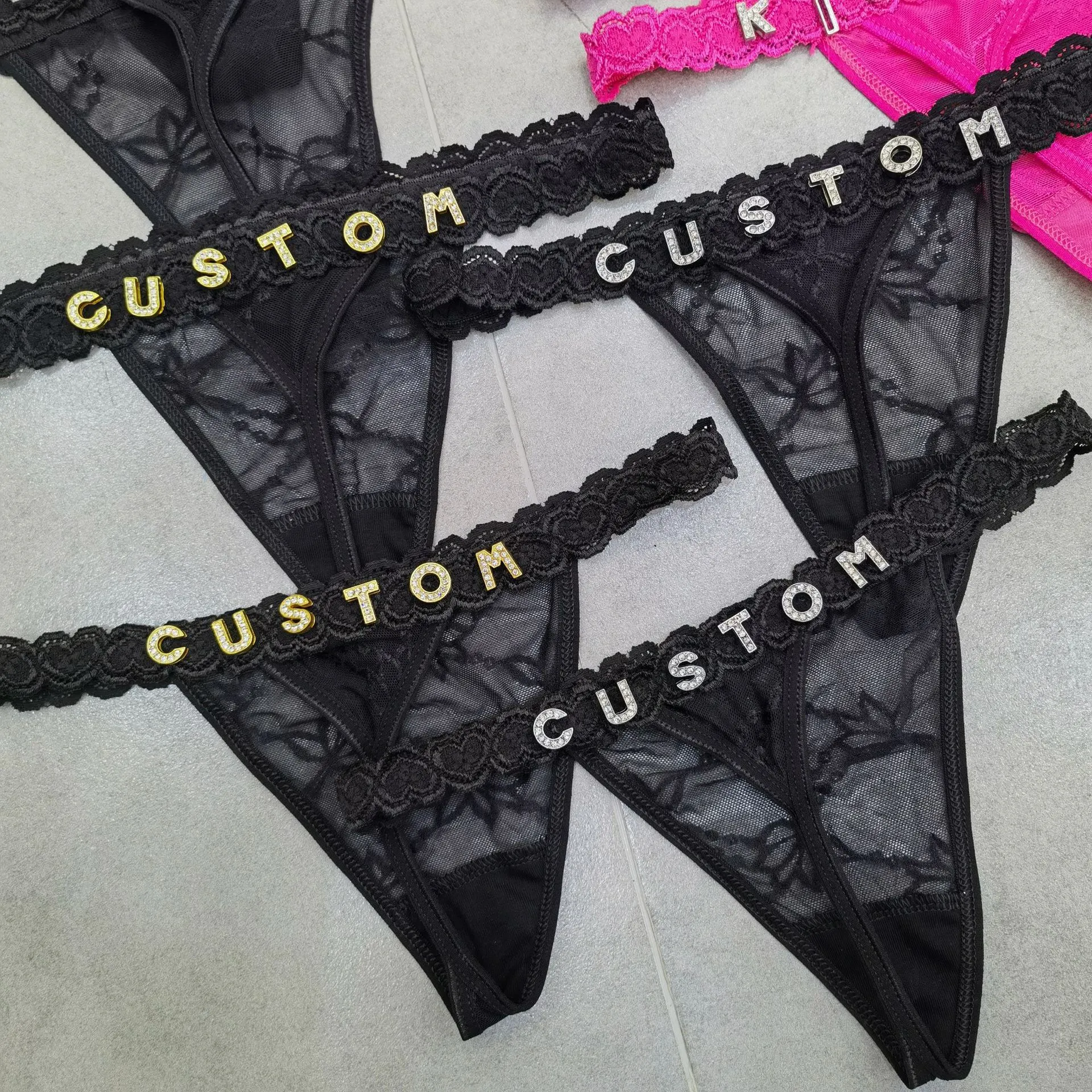 Women's Sexy Lace Thong Panties with Rhinestone Lettering - DIY Customization Available - Fashionable Underwear for Women thumbnail 3