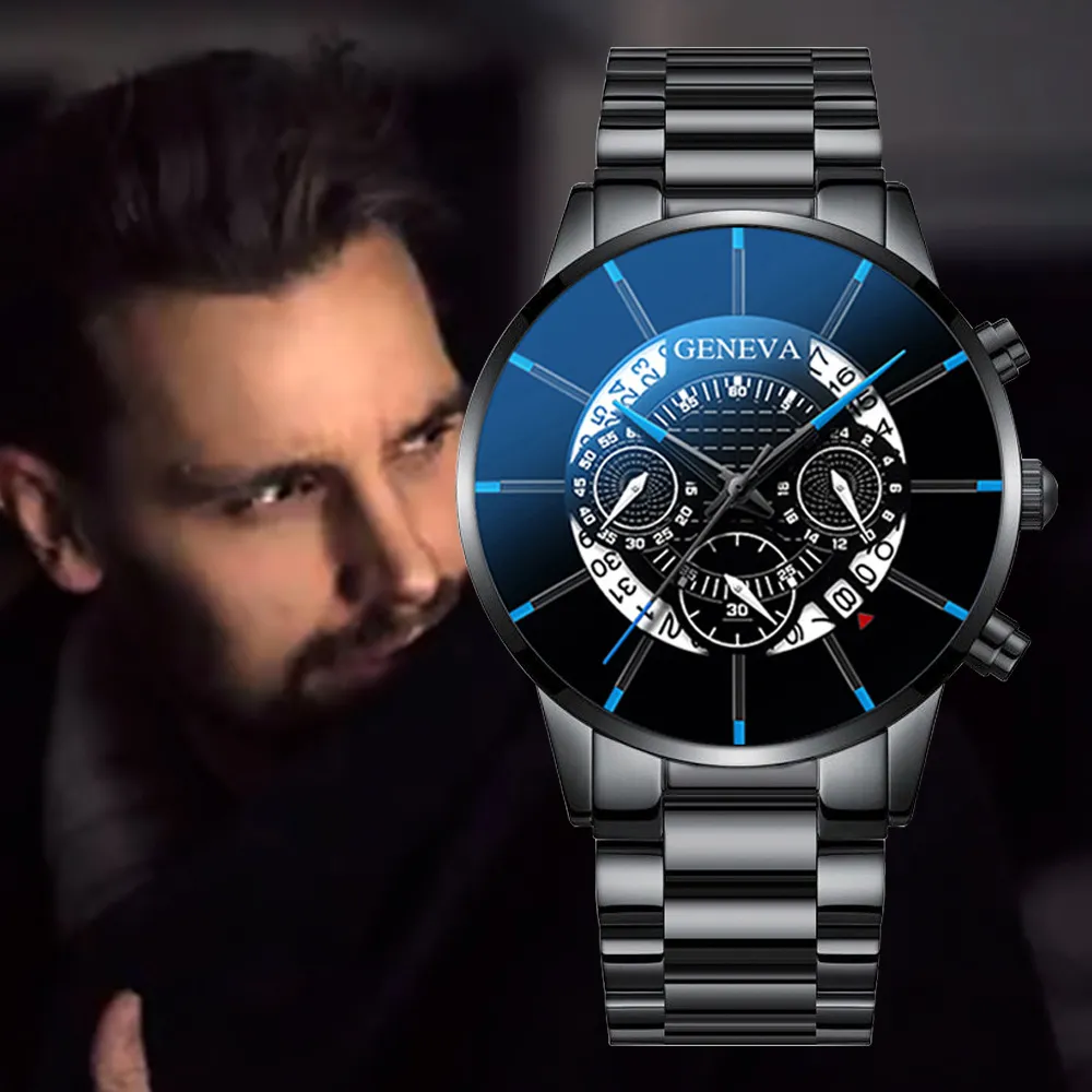 Men's Geneva Quartz Wrist Watch - Stainless Steel Band, Business Casual Style, Fake Chronograph, Calendar Display - Perfect Gift for Him showcase 16