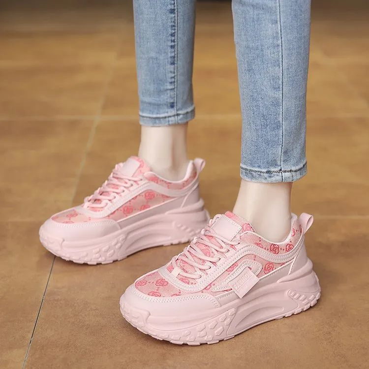 Women's Korean Style Dad Sneakers 2025 Spring Breathable Mesh Cloth Versatile Student Sports Shoes Thick Sole Height Increasing Running Shoes thumbnail 1