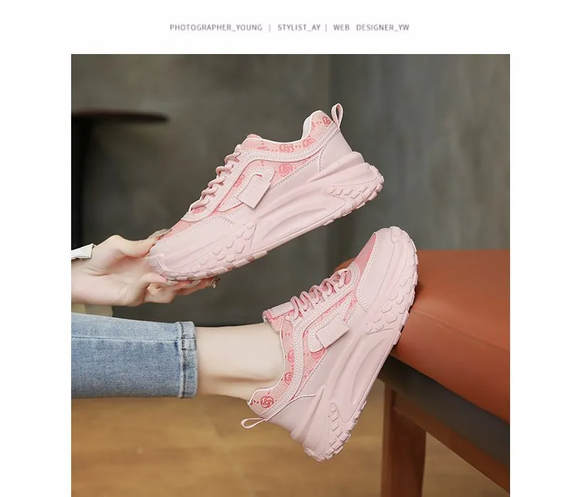 Women's Korean Style Dad Sneakers 2025 Spring Breathable Mesh Cloth Versatile Student Sports Shoes Thick Sole Height Increasing Running Shoes showcase 4