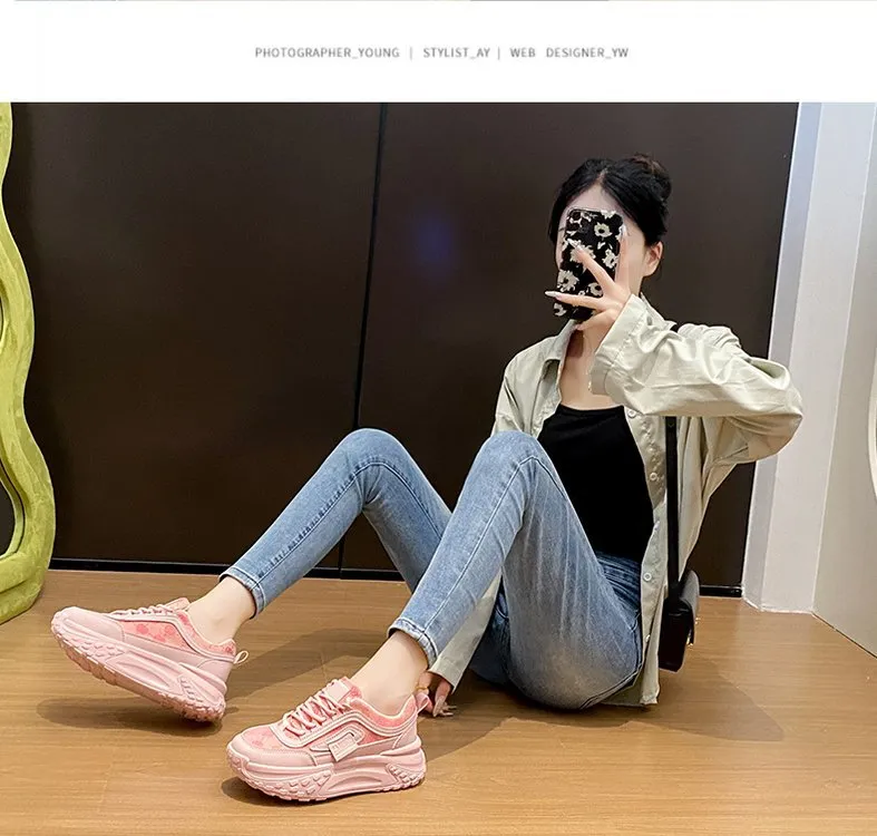 Women's Korean Style Dad Sneakers 2025 Spring Breathable Mesh Cloth Versatile Student Sports Shoes Thick Sole Height Increasing Running Shoes showcase 6