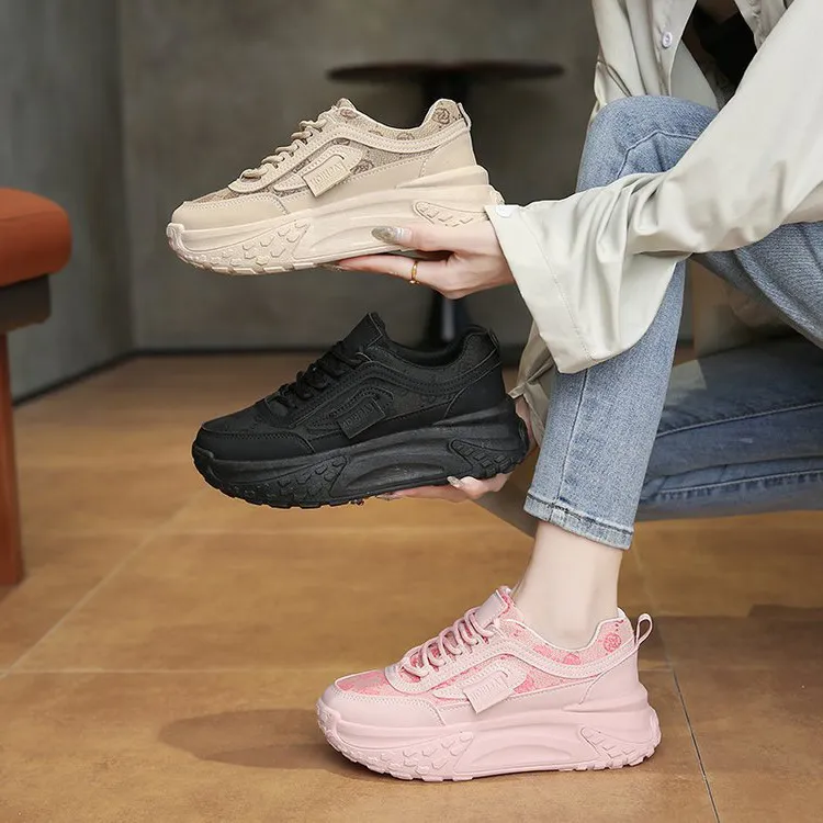 Women's Korean Style Dad Sneakers 2025 Spring Breathable Mesh Cloth Versatile Student Sports Shoes Thick Sole Height Increasing Running Shoes thumbnail 4