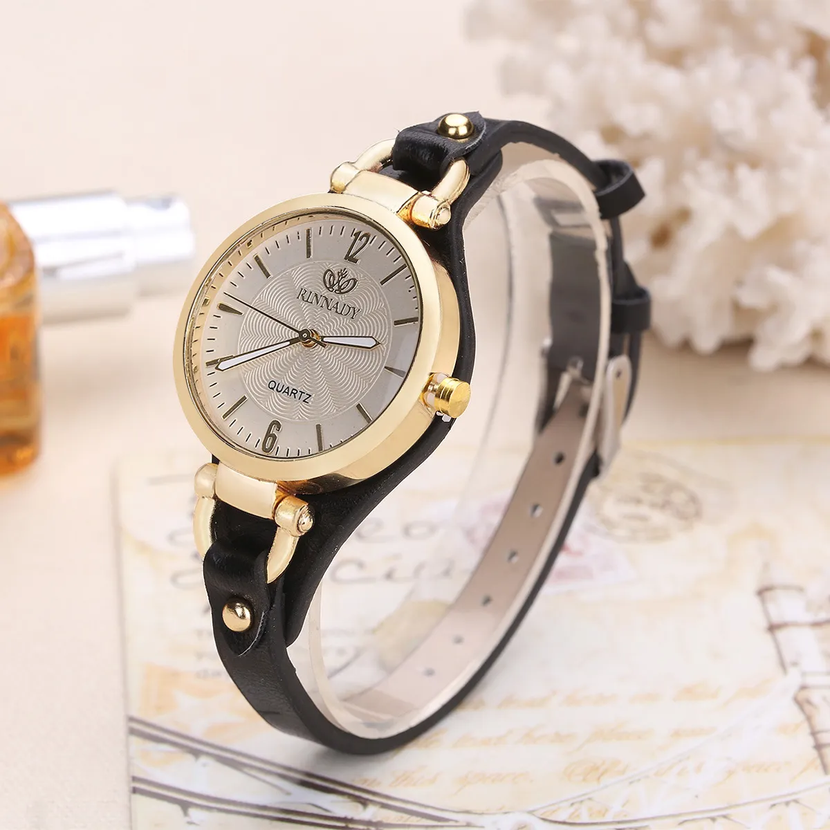 Rivet Studded Women's Quartz Watch - Punk Style PU Leather Thin Belt Wristwatch for Casual Fashion Wholesale thumbnail 2