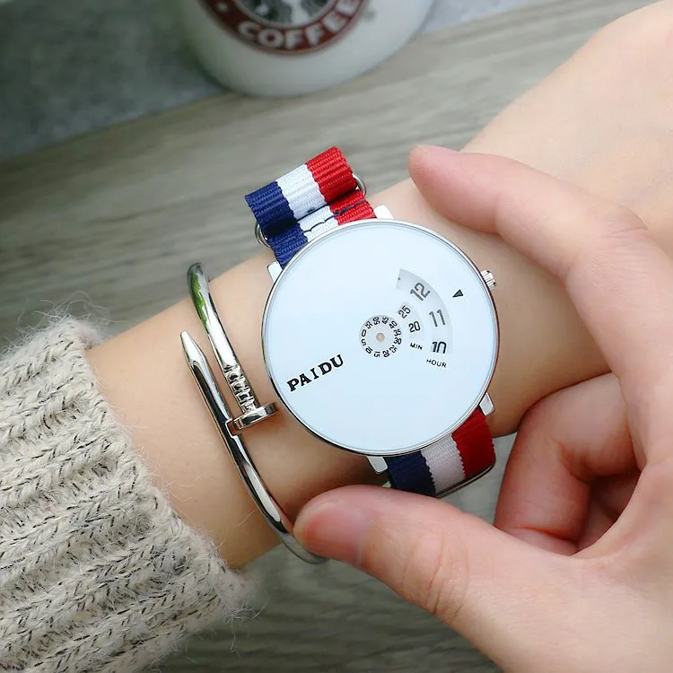 Punk Style Woven Mesh Band Watch for Youth - Korean Fashion Quartz Wristwatch with Canvas Strap - Trendy Turntable Design for Boys and Girls showcase 8