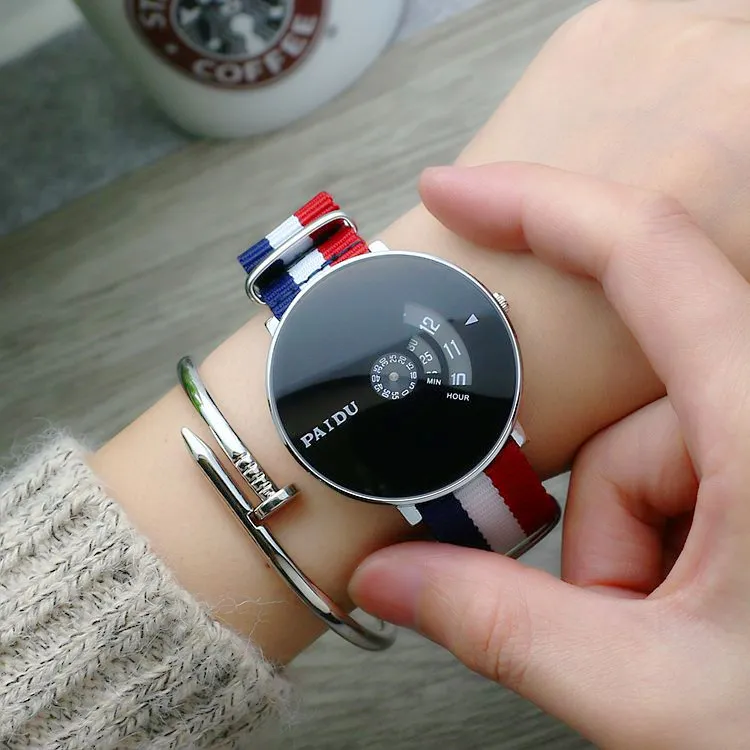Punk Style Woven Mesh Band Watch for Youth - Korean Fashion Quartz Wristwatch with Canvas Strap - Trendy Turntable Design for Boys and Girls showcase 9