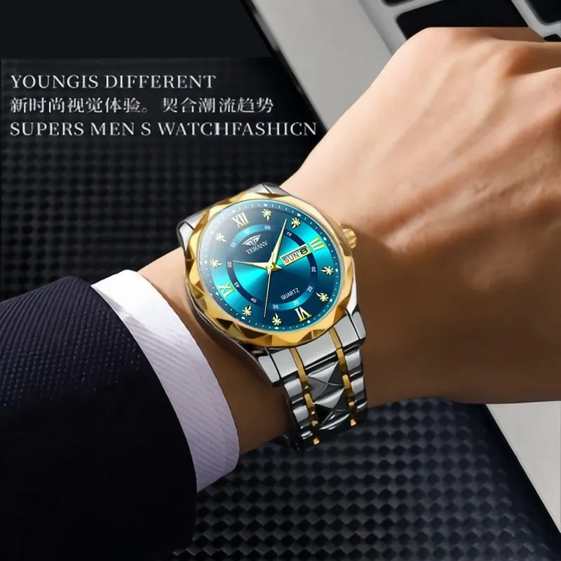 Men's Quartz Watch with Diamond Case, Luminous Hands, Waterproof, Calendar, Stainless Steel Band - Fashionable and Simple Design thumbnail 4